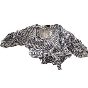 Style Mafia x Free People Blue White Striped Wrap Top Puff Sleeve Ruffle‎ Large